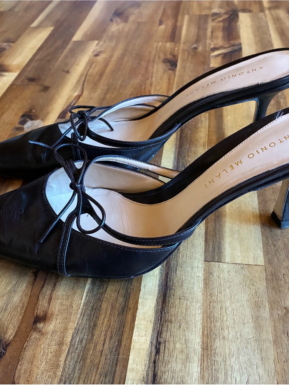ANTONIO MELANI Chocolate Brown Leather Pointed Toe Slingback Mules with Bow - Picture 5 of 9